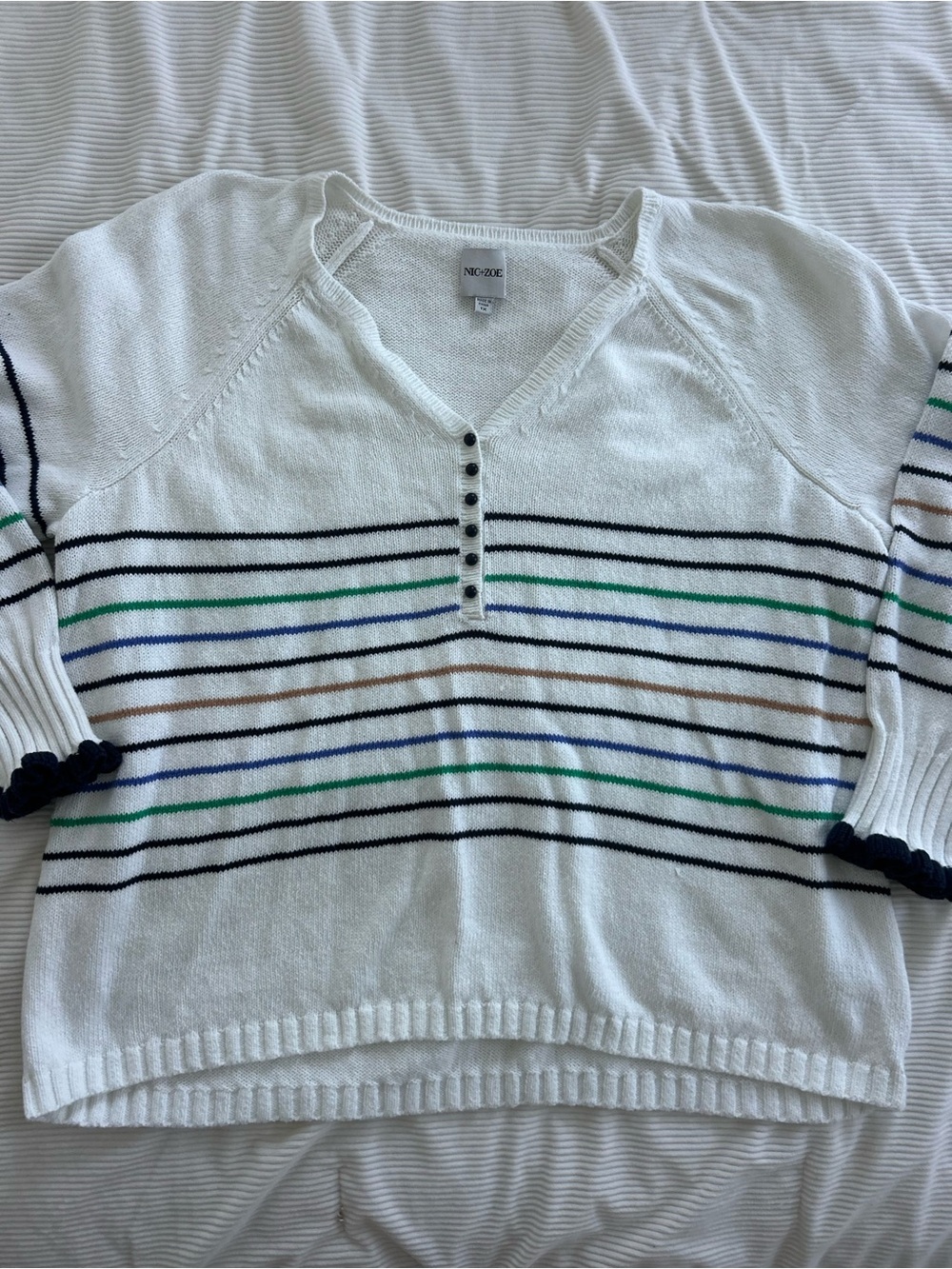 NIC+ZOE White V-Neck Sweater with Navy, Green and Tan Stripes